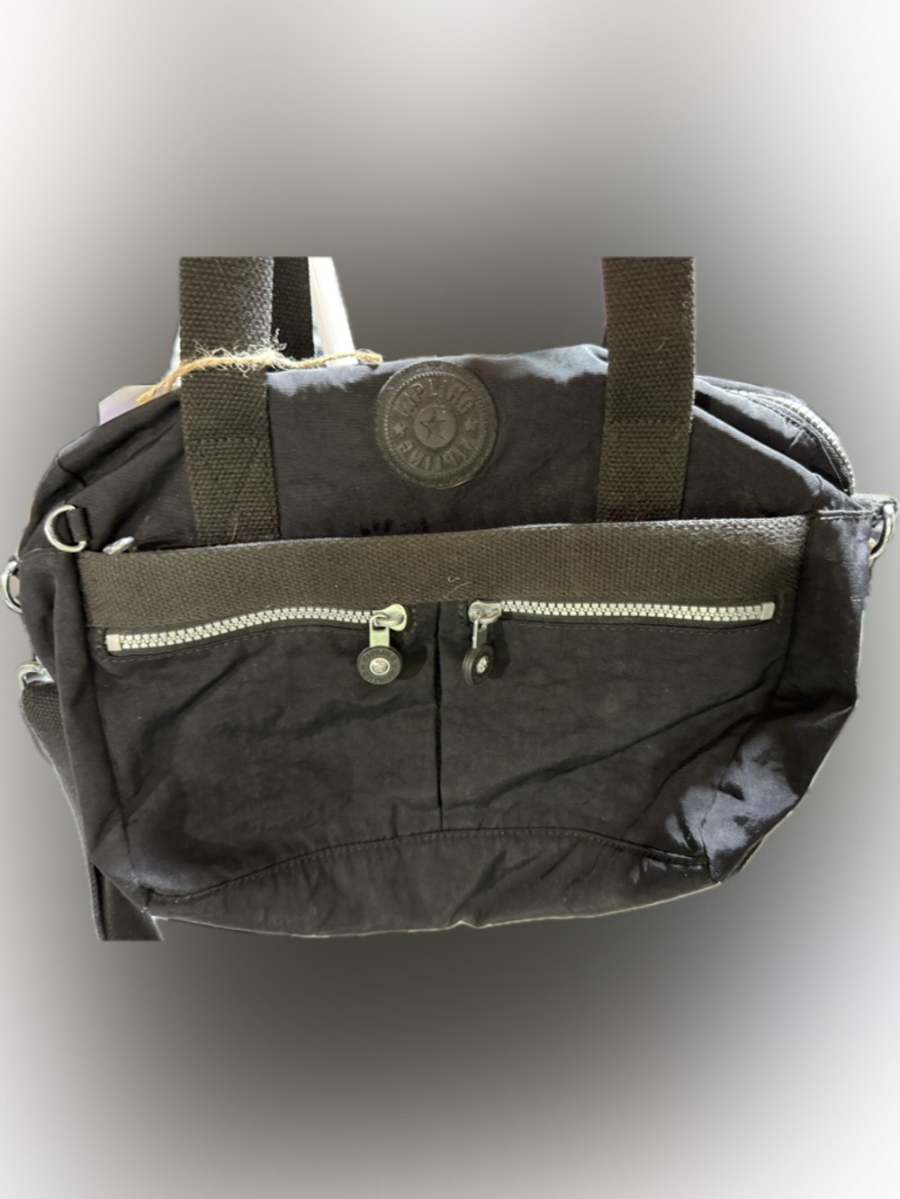P010-Kipling Black Nylon Messenger Bag with Front Zip Pockets